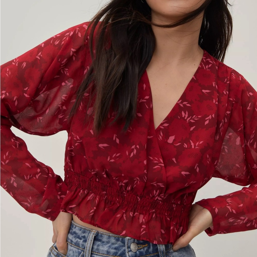 Lush Floral Chiffon Wrap Cropped Blouse size L